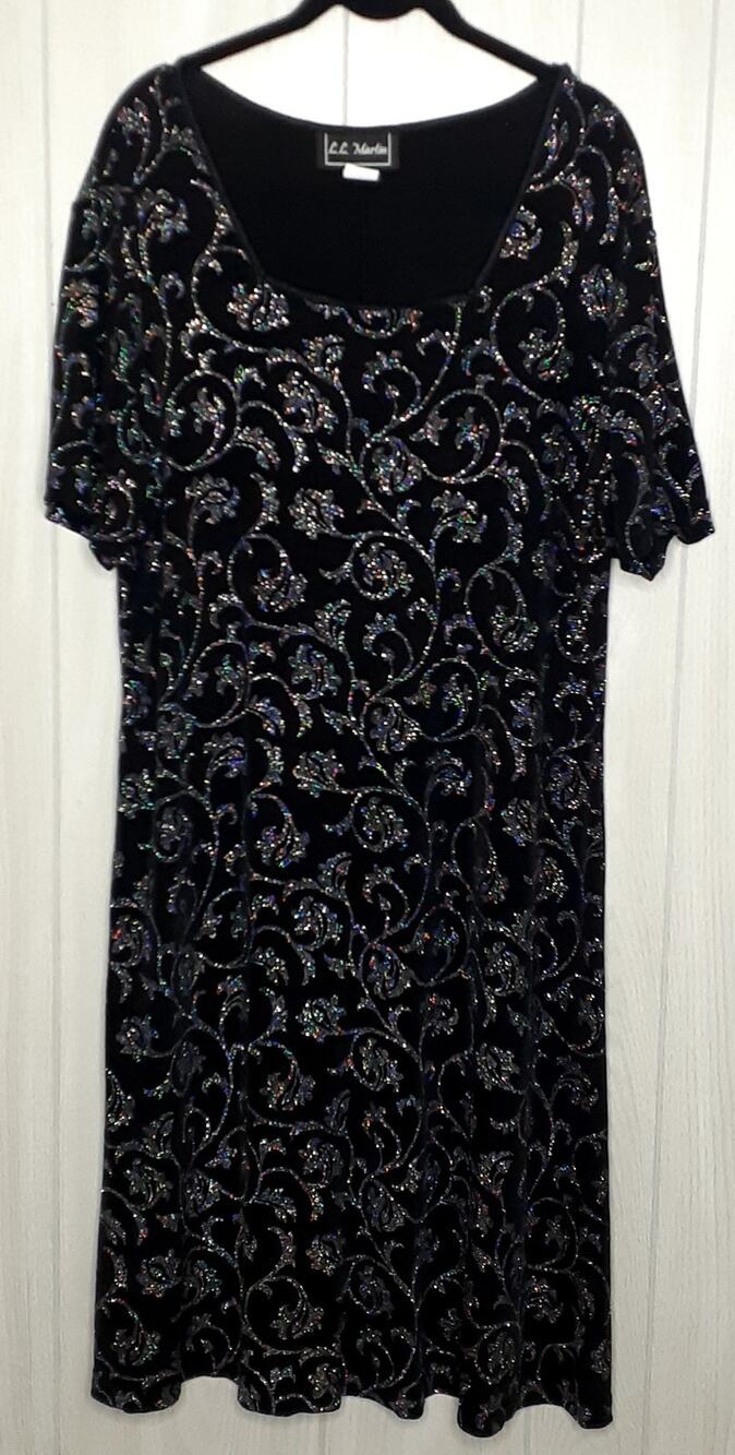 Ladies L.L. Martin Occasional Black Embellished Swing Dress 16W Short Sleeve